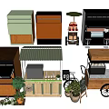 Mobile Functional Carts In Various Styles With Awnings Wheels And Plants 3d model