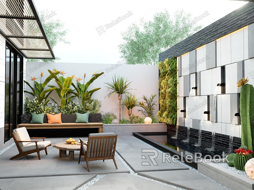 Modern villa courtyard garden flowing water landscape wall flowers and plants landscape model