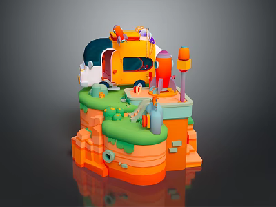 Colorful Cartoon 3D Scene With Playful Vehicle Green Grass And Small Structures 3d model