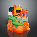 Colorful Cartoon 3D Scene With Playful Vehicle Green Grass And Small Structures