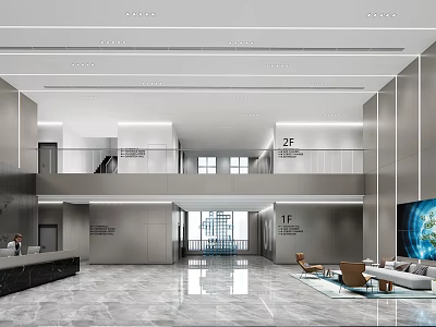 Modern Front Desk Reception Area In Gray Lobby With Marble Floor Sofa And Large Screen 3d model