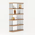 Modern Open Bookcase With Wooden Shelves And Metal Frame Decorated With Books And Decorative Items
