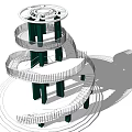 Multi Level Tower Design Featuring Spiral Staircase Green Columns And Circular Platforms 3d model