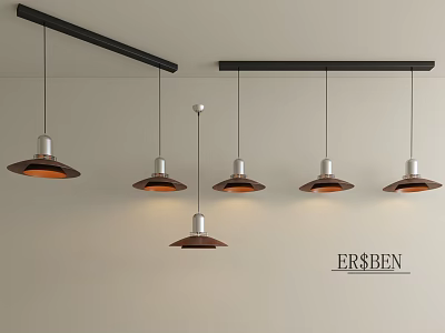 Modern Metal Pendant Lights With Black Bar Design And Warm Orange Glow 3d model