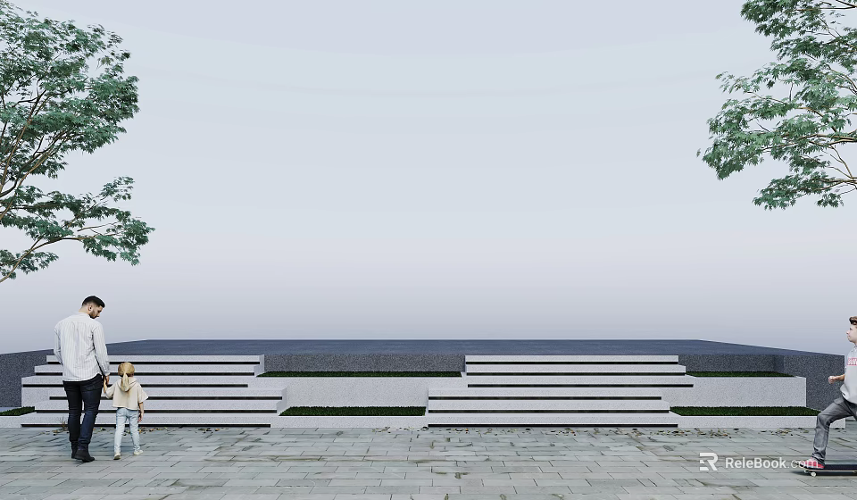Outdoor Stairs With Steps And People Walking Near Trees On Stone Path Under Open Sky 3d model 