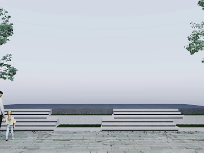 Outdoor Stairs With Steps And People Walking Near Trees On Stone Path Under Open Sky 3d model