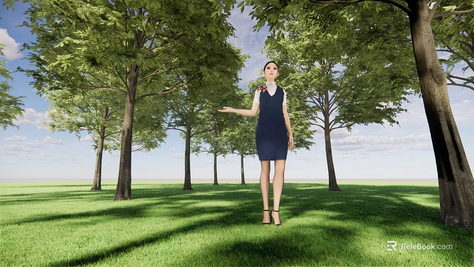 Woman in Blue Dress Extending Hand on Green Grass with Tall Trees and Blue Sky 3d model 
