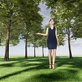 Woman in Blue Dress Extending Hand on Green Grass with Tall Trees and Blue Sky