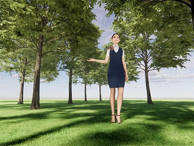 Woman in Blue Dress Extending Hand on Green Grass with Tall Trees and Blue Sky 3d model