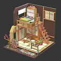 Cartoon Scene of Cute Loft Room with Wooden Floor Staircase Shoji Screen and Water Wheel