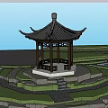 Chinese Style Pavilion With Traditional Roof And Wooden Pillars Surrounded By Green Bushes And Trees