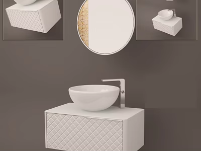 Modern Bathroom Vanity With White Basin Diamond Textured Cabinet And Round Mirror 3d model