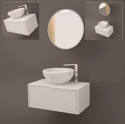 Modern Bathroom Vanity With White Basin Diamond Textured Cabinet And Round Mirror 3d model