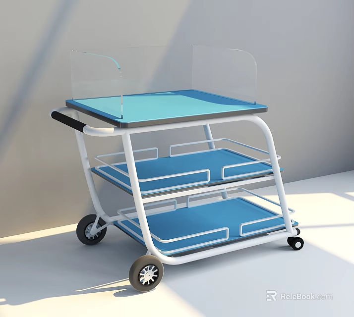 Mobile Laboratory Cart With Transparent Shield Blue Trays And Wheels 3d model 
