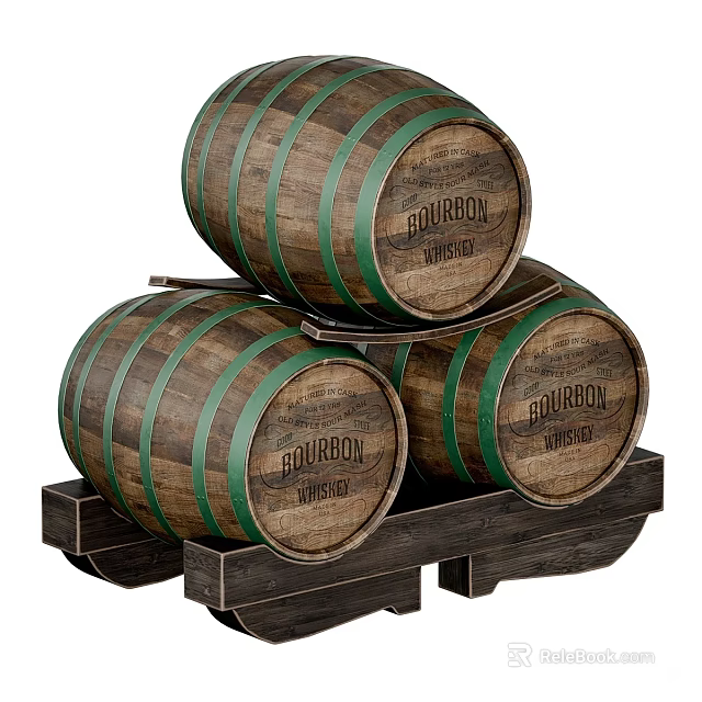 Stacked Decorative Wooden Bourbon Barrels with Green Hoops on Storage Rack 3d model 