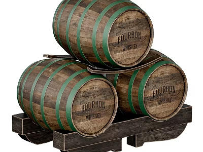 Stacked Decorative Wooden Bourbon Barrels with Green Hoops on Storage Rack 3d model