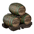 Stacked Decorative Wooden Bourbon Barrels with Green Hoops on Storage Rack