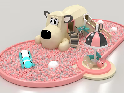 Fun Kids Playground Equipment With Polar Bear Shaped Slide Pink Gray Ball Pit Umbrella And Toys 3d model