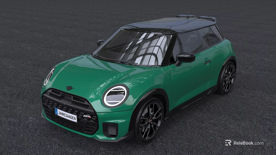 Green Mini John Cooper Works Hatchback With Black Roof Circular Headlights And Sporty Wheels 3d model 