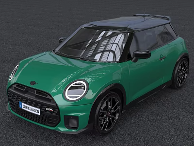 Green Mini John Cooper Works Hatchback With Black Roof Circular Headlights And Sporty Wheels 3d model