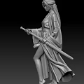 Woman Standing In Red Robe Holding Sword With Grey Robed Statue