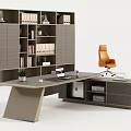 Modern Office Desk With Orange Chair Laptop And Small Plant Near Bookcase With Books
