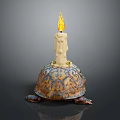 Decorative Candle With Flame On Turtle Shaped Base And Colorful Patterns