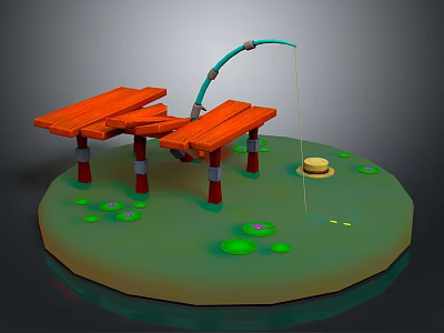 Wooden Fishing Bench With Curved Rod Straw Hat And Lily Pads On Water 3d model