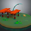 Wooden Fishing Bench With Curved Rod Straw Hat And Lily Pads On Water