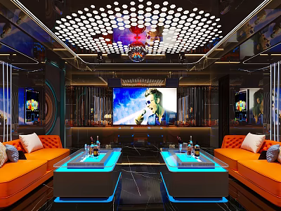 Modern KTV Lounge Interior With Orange Sofas Illuminated Coffee Tables And Large Screen TV 3d model