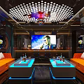 Modern KTV Lounge Interior With Orange Sofas Illuminated Coffee Tables And Large Screen TV
