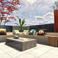 Serene Garden Landscape With Red Trees Green Lawn Stone Pavement Outdoor Seating And Wooden Screen