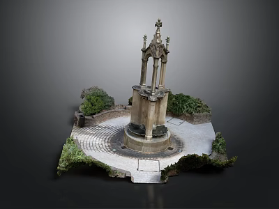 Decorative Tower Model With Circular Paved Ground And Surrounding Green Plants 3d model