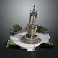 Decorative Tower Model With Circular Paved Ground And Surrounding Green Plants