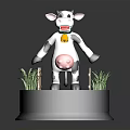 3D Black And White Spotted Cow Figure With Bell Grass And Wooden Fence On Base