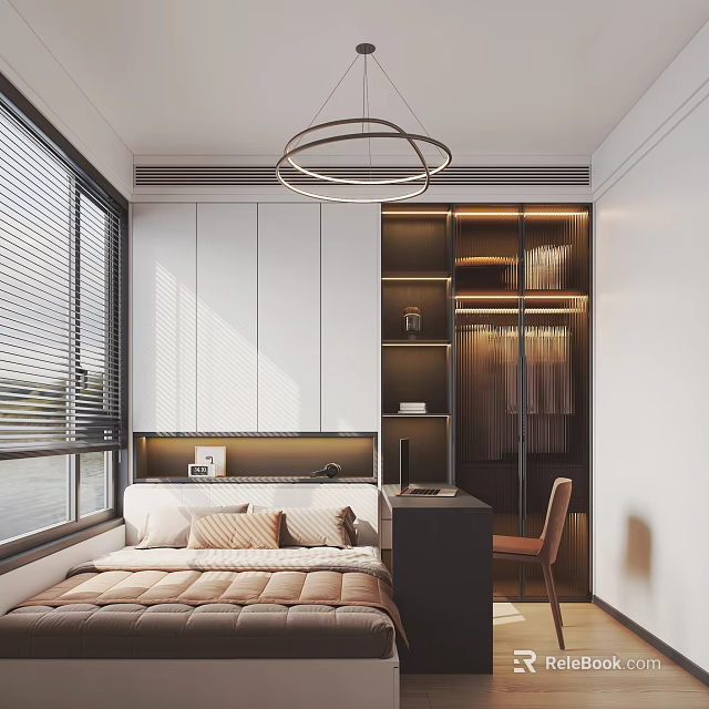 Modern Tatami Bedroom Interior With Platform Bed Window Blinds Built-in Wardrobe And Study Desk 3d model 