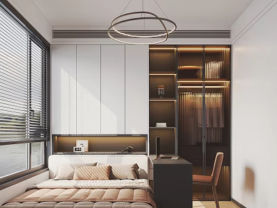 Modern Tatami Bedroom Interior With Platform Bed Window Blinds Built-in Wardrobe And Study Desk 3d model