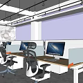 Public Office Space With Open Layout Desks Computers Hanging Lights And Partitions