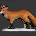 Orange Fur Fox Model Standing On White Snow Base With Green Grass Around