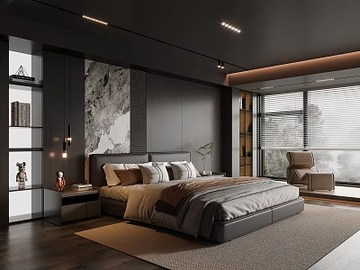 Sleek Modern Bedroom Interior With King Bed Wall Art Accent Chair And Area Rug 3d model