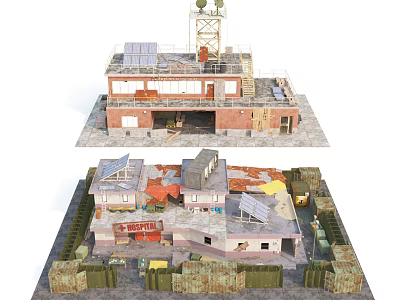 Two Distinct Functional Building Models With Solar Panels Antenna Fences And Damaged Structures 3d model