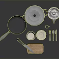 Essential Household Kitchen Items With Pots Frying Pan Knife Cutting Board And Utensils