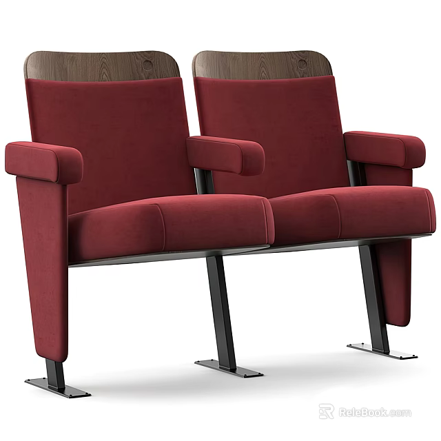 Burgundy Upholstered Public Chair With Wooden Backrest Armrests And Metal Frame 3d model 