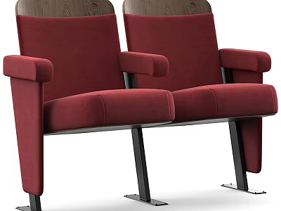 Burgundy Upholstered Public Chair With Wooden Backrest Armrests And Metal Frame 3d model