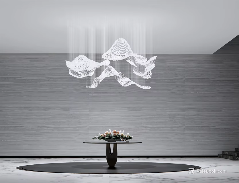 Modern Elegant Linear Cloud Shaped Chandelier Above Round Table With Flower Arrangement And Gray Wood Wall 3d model 