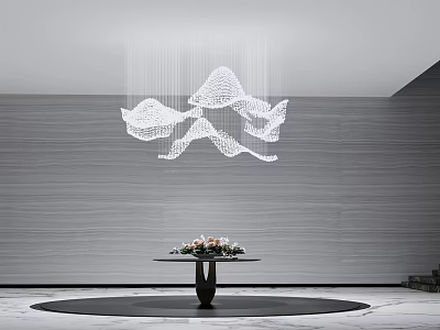 Modern Elegant Linear Cloud Shaped Chandelier Above Round Table With Flower Arrangement And Gray Wood Wall 3d model