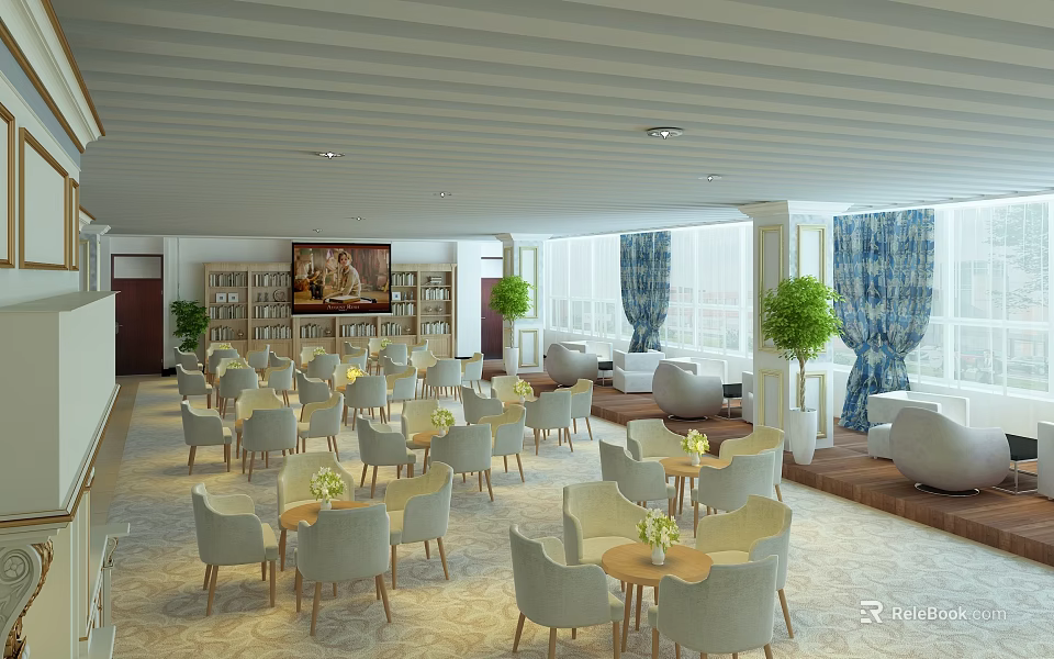 Spacious Modern Leisure Area Interior Design With Comfortable Chairs Round Tables Green Plants Large Windows Blue Curtains 3d model 