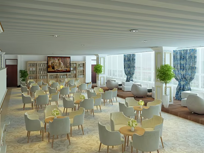 Spacious Modern Leisure Area Interior Design With Comfortable Chairs Round Tables Green Plants Large Windows Blue Curtains 3d model