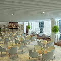 Spacious Modern Leisure Area Interior Design With Comfortable Chairs Round Tables Green Plants Large Windows Blue Curtains