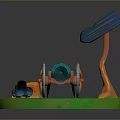 3D Weapon Cannon Model With Green Base Blue Barrel Orange Stand And Black Accessories